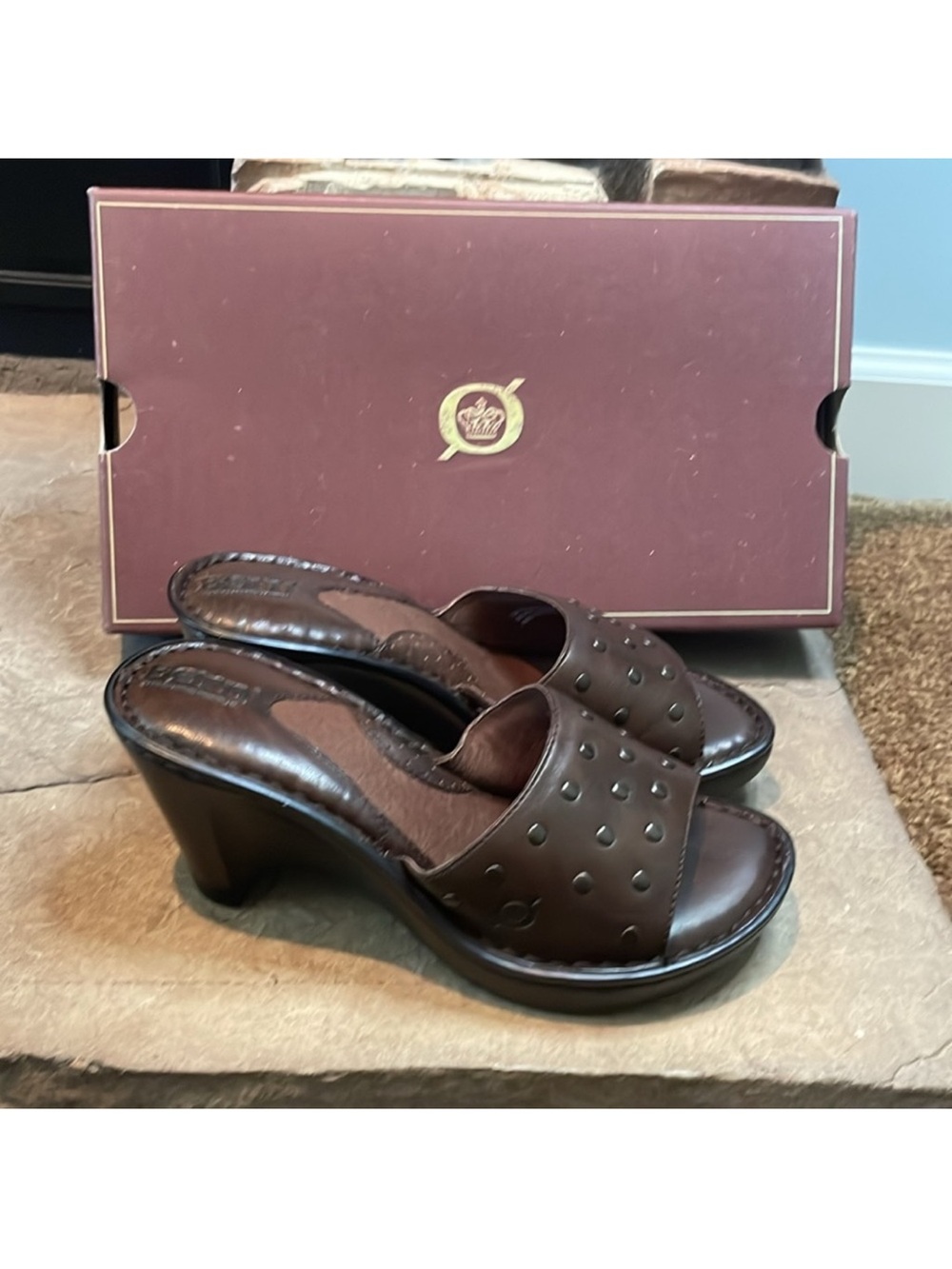 Børn Dark Brown Studded Leather Wedge Sandals Mules Slides